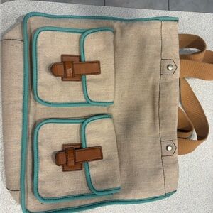 Fossil Canvas Tote Bag with Turquoise Trim and Tan Accents